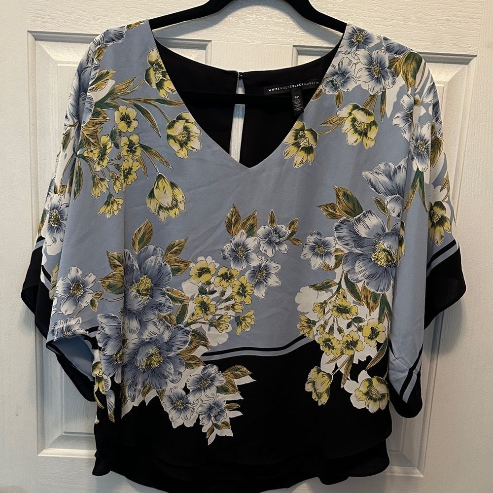 White House Black Market Floral V-Neck Blouse in Light Blue and Black